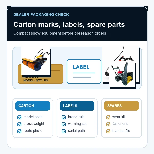 Compact Snow Equipment Packaging for Dealers: Carton Marks, Labels and Spare-Parts Packs