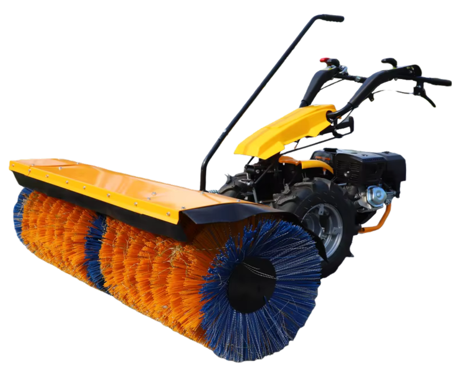 KINGO ANDA walk-behind power unit with snow sweeper attachment