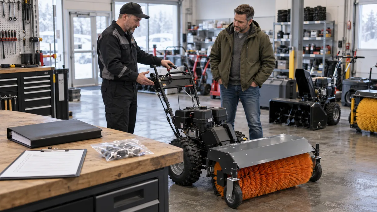 Illustrative dealer handover of walk-behind snow equipment and support documents